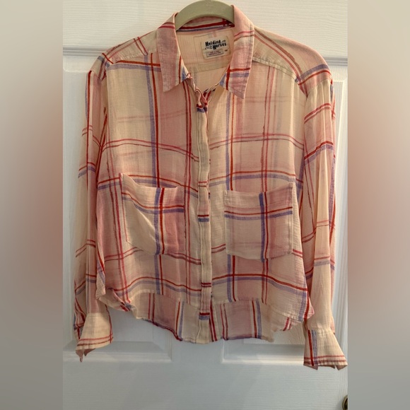 HOLDING HORSES Tops - Light Pink Plaid Button-Up Shirt